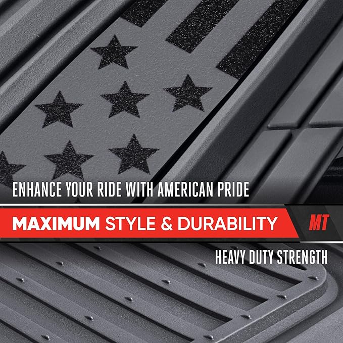 MotorTrend Black Flag Rubber Floor Mats – All Weather Car Mats with American Flag Stars & Stripes Design, Heavy-Duty Automotive Floor Mats for Cars, SUVs & Trucks Grey/Black