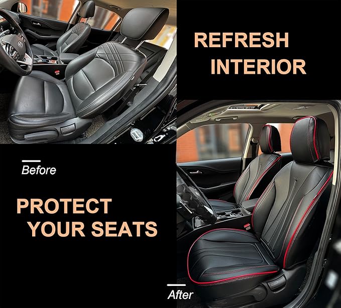 PINCTROT Car Seat Covers Front Set, Breathable Soft Pebbled Leather, Luxury Waterproof Seat Cushion, Airbag Compatible, Seat Protector Universal Fit Most Cars (Front Set, Black Red Trim)