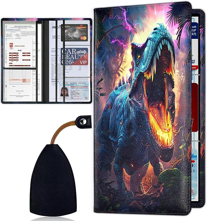 Car Registration and Insurance Card Holder for Women Men, Waterproof PU Leather Glove Box Car Organizer with Magnetic Shut, Vehicle Document Holder for Driver License,Cards, Dinosaur Pattern