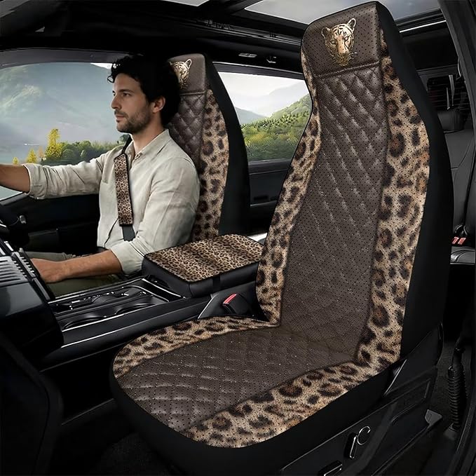 Psesaysky 5 Pcs Car Interior Set Leopard Cheetah Print Auto Front Seat Cover Soft Seatbelt Covers Center Console Armrest Pad Universal Car Accessories Fit Car SUV Auto Truck