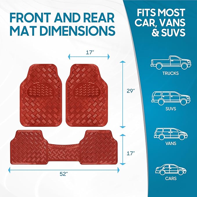 BDK Metallic Chrome Car Floor Mats All-Weather Universal Fit Automotive Floor Mats for Cars SUVs, Floor Mats for Trucks, Car Mats Full Set Front & Rear, Non-Slip Shiny Durable Heavy Duty - Red