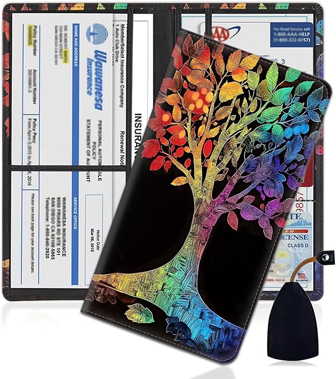 Car Document Holder with Magnetic Shut, Car Registration and Insurance Card Holder, Vehicle Glove Box Organizer Documents, Driver License, Auto Paperwork Organizer Wallet, Colorful Tree Pattern