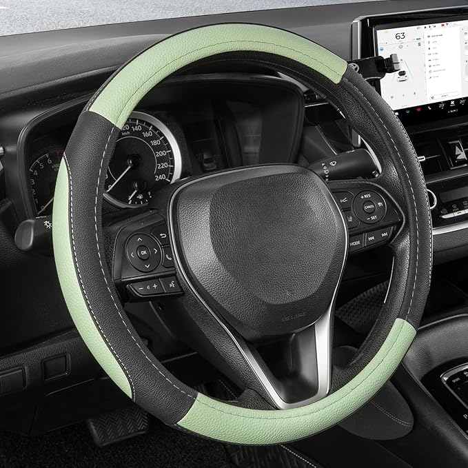 SEG Direct Steering Wheel Cover for Car, Standard Size 14.5-15 inch, Auto Interior Accessories, Black and Pastel Green