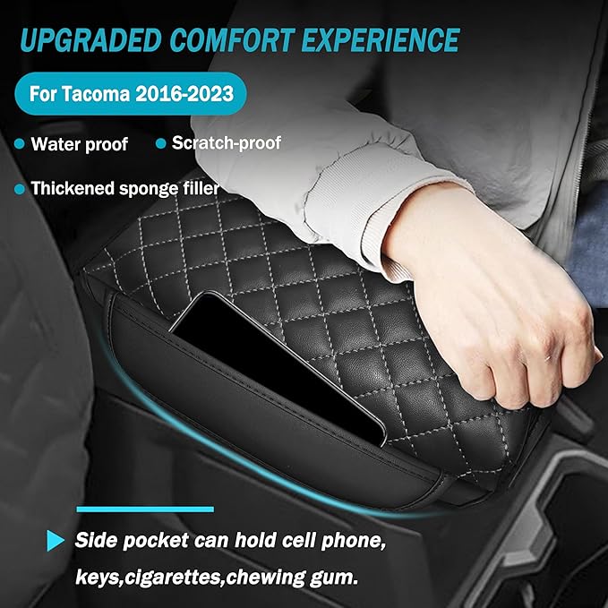 SENSHINE 1.2in Thickness Center Console Cover for Tacoma Accessories 2024 2025 2026 Armrest Cover Leather Armrest Box Lid Protector Cushion Pad with Pockets Interior (Gray Stitch)