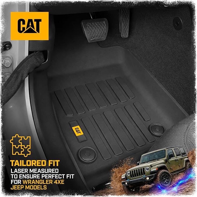Cat® JustFit™ 3D Floor Mats for Jeep Wrangler 4XE 2021–2026 4-Door Custom Fit All Weather Floor Liners Heavy Duty Rubber Mats for 4XE Hybrid Jeep Wrangler Accessories for Full Interior Protection 4dr