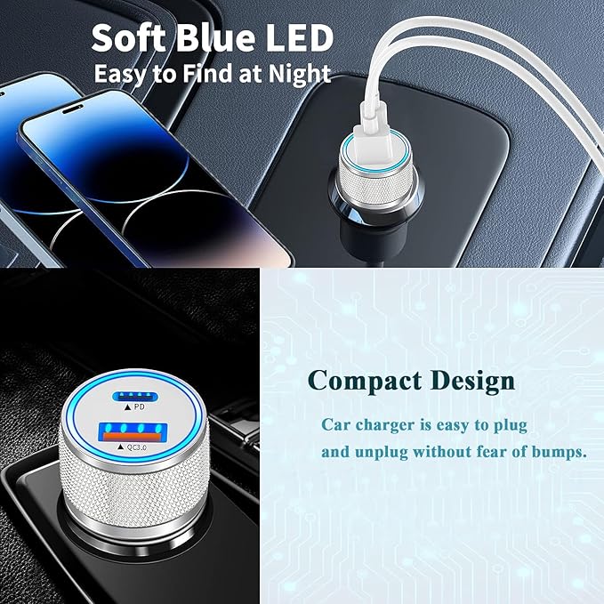 Fast iPhone Car Charger,【2Pack】38W Dual Port PD&QC3.0 Fast Charger Car [Apple MFi Certified] Cigarette Lighter Car Power Adapter with 2pack Lightning Cable for iPhone 14/13/Pro/Max/12/11/X/8 (Silver)