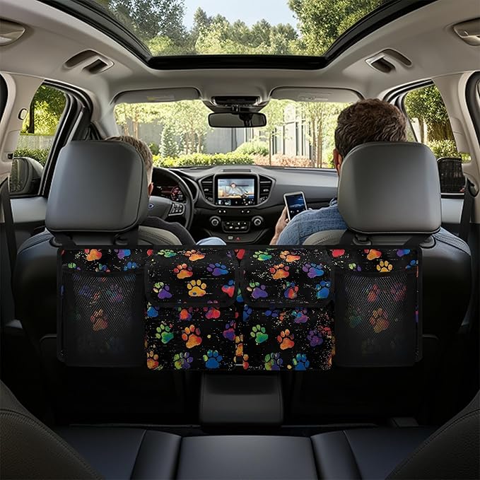CLOHOMIN Colorful Dog Paw Car Trunk Organizer Cute Car Storage Bags Collapsible Car Trunk Tool Organizer Washable Cargo Bag with 4 Pockets Car Decorative Accessories