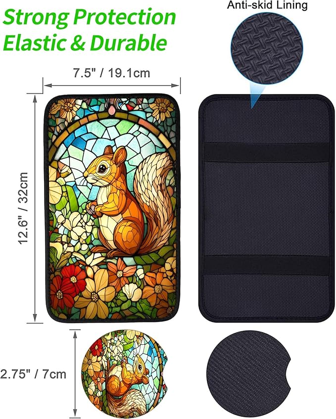 JANENFNA Car Armrest Cover Pads Universal Fashion Cute Auto Center Console Armrest Cover Pad with 2PCS Car Coasters Soft Waterproof Car Armrest Seat Protector for Women,Stained Glass Squirrel