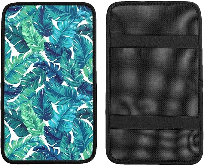 DORKEIXIA Palm Leaves Leaf Tropical Hawaiian Summer Green Auto Center Console Armrest Pad Universal Car Center Console Cover Seat Box Cover for Sedan, Van, SUV, Truck Car Accessorie