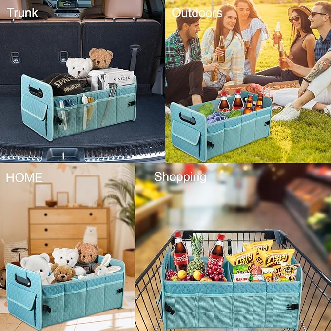 JiatuA Car Trunk Organizers and Storage for SUV, Collapsible Multi Compartment Container Box Adjustable Car Accessories for Women Men, Lake Blue