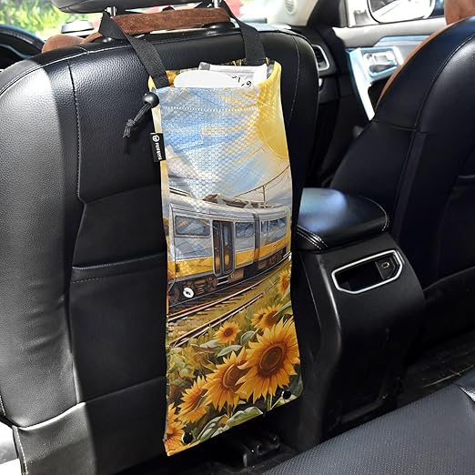 ALAZA Hanging Car Trash Bags Garbage Bag Trash Can for Back Seat Small Sunflower Train Washable Storage Bag Retractable 2 Pack