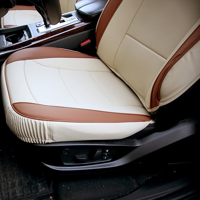 FH Group Ultra Comfort Highest Grade Faux Leather Full Set Cushion Pads Car Seat Covers for Front and Rear– Universal Fit for Cars Trucks & SUVs (Beige/Tan)