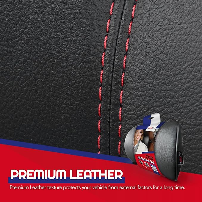 Otom Car Neck Pillow - Ergonomic Faux Leather Headrest Pillow for Driving Comfort | Travel Pillow Fits All Cars, Trucks, SUVs | Luxury Support (Black-Red)