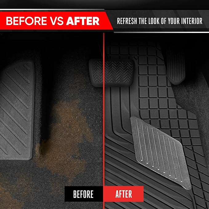 Motor Trend MetallicGuard Car Floor Mats Full Set - Durable Rubber Floor Mats with Silver Metallic Heel Pad, All-Weather Interior Protection for Front and Rear with Non-Slip Backing
