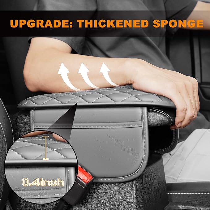 Car Center Console Cover Fit for Mitsubishi Outlander - Upgraded Faux Leather Armrest Cushion with 2 Storage Pockets - Waterproof & Durable Armrest Protector for Car (Gray & Whiteline)
