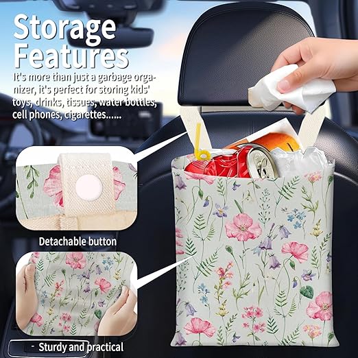 BEAKND Hanging Car Garbage Bag, Cute Car Trash Can Bag, Automotive Accessories for Women Men Vintage Colorful Flower
