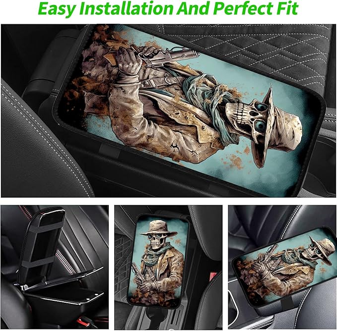 JANENFNA Car Armrest Cover Pads Universal Fashion Cute Auto Center Console Armrest Cover Pad with 2PCS Car Coasters Soft Waterproof Car Armrest Seat Protector for Women,Skull Cowboy with Gun