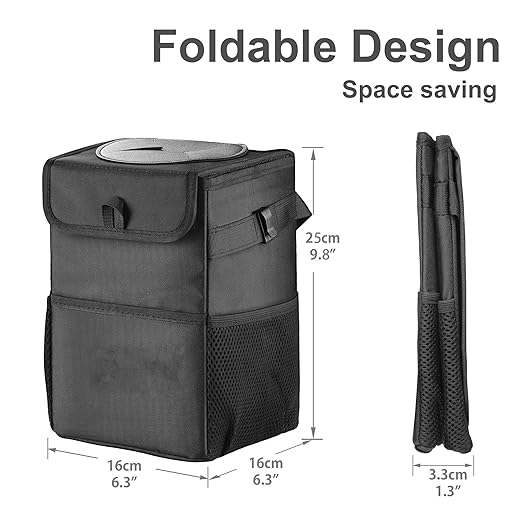 Cute Car Trash Can with Lid – Multipurpose Collapsible Trash Bin for Car, Leak-Proof Organizer, Waterproof Garbage Can with Storage Pockets & Adjustable Straps, 2 Gallons (Black)