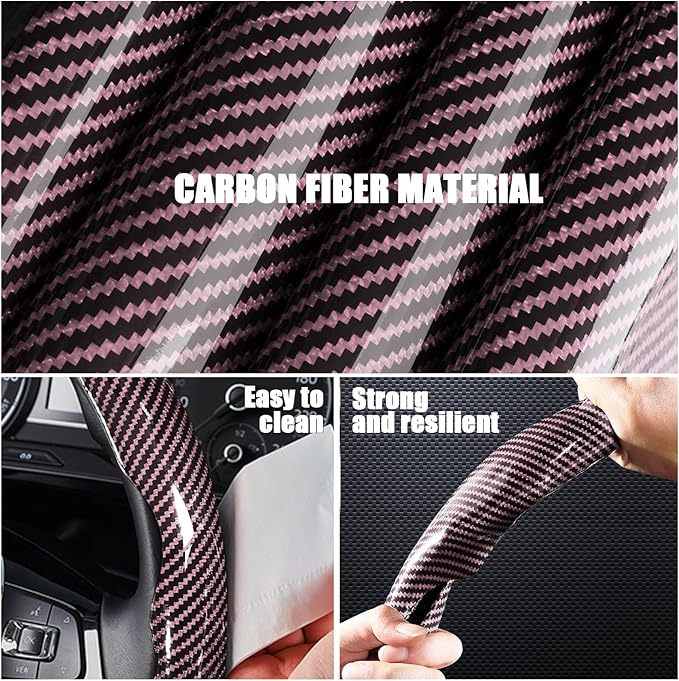 Car Steering Wheel Cover, 3 Piece Bright Carbon Fiber Steering Wheel Covers, Non-Slip Steering Wheel Cover Protector, Great Grip, Universal Car Accessories Decoration for 14.5-15 inch (Pink)