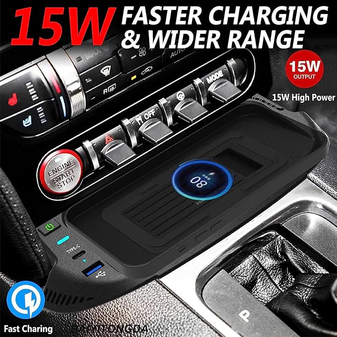 2023 Upgraded Version Wireless Car Charger for Ford Mustang 2015-2022, Center Console Wireless Charging Tray Qi Wireless Charging Station with USB Port