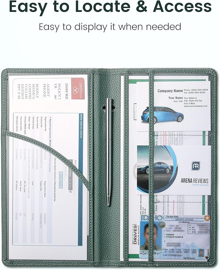 Yarnic Car Registration and Insurance Holder, Car Document Holder with Magnetic Closure, Registration and Insurance Card Holder Car Organizer Glove Box Compartment Organizer for Men Women (Grey Green)