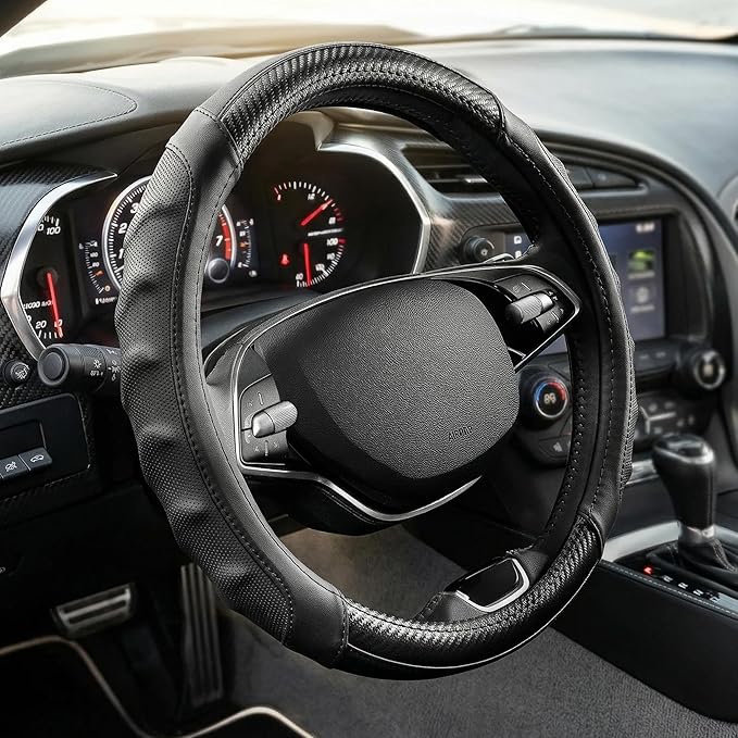 Carbon Fiber Steering Wheel Cover – 15 Inch Universal Fit for Cars & SUVs – Anti-Slip Grip, Breathable Leather Texture, Sporty Carbon Fiber Look – Premium Car Interior Accessories – Black