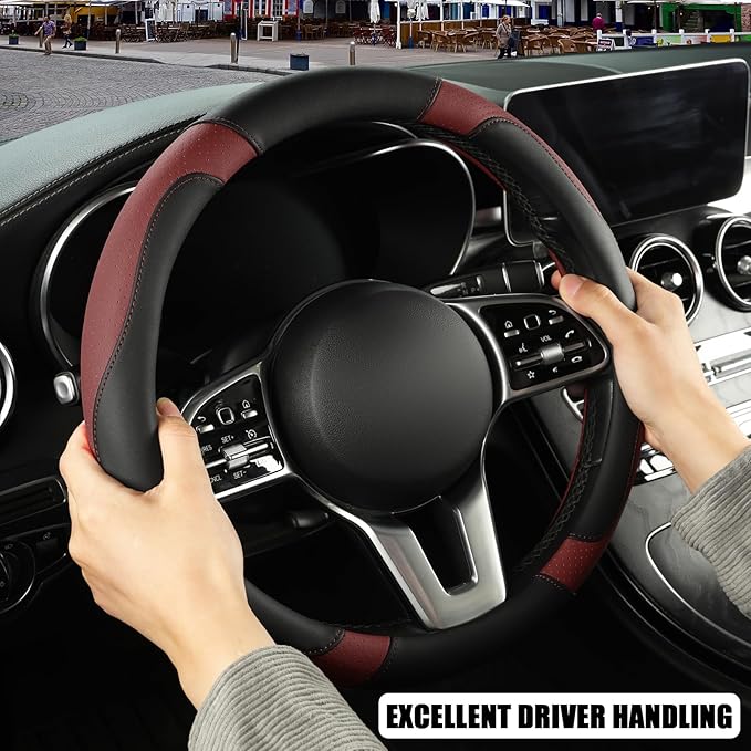 Binsheo Microfiber Leather Steering Wheel Cover, Breathable, Anti Slip, 13.5 inch to 14 inch, Black with Burgundy