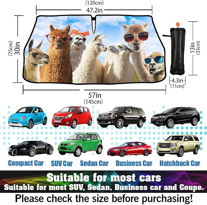 DOPINDU Llama Alpaca Car Windshield Sun Shade Umbrella Bendable Handle Foldable Funny Sunshade for Car Windshield Block UV Rays Keep Vehicle Cool for Most Sedans SUV Trucks Cars 57"x30"