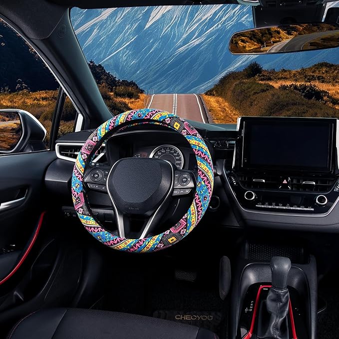 SEG Direct Steering Wheel Cover Handwoven Flax with Geometric Patterns, Anti-Slip & Breathable, Ethnic Style Steering Wheel Protector, Fits 14.5" - 15.25" Wheels
