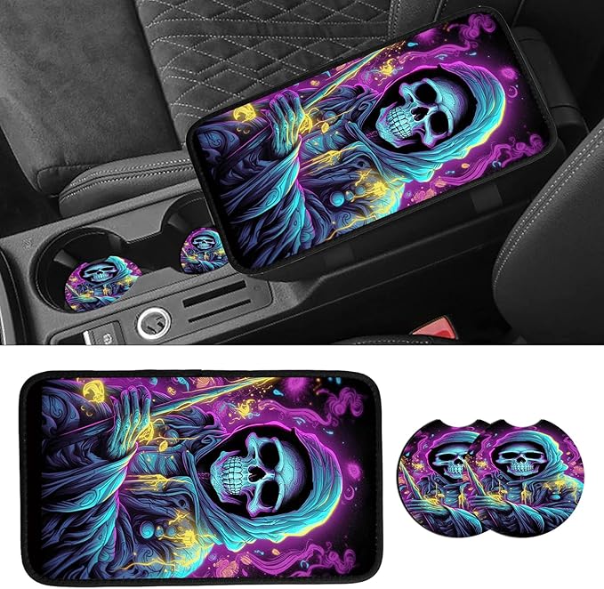 JANENFNA Car Armrest Cover Pads Universal Fashion Cute Auto Center Console Armrest Cover Pad with 2PCS Car Coasters Soft Waterproof Car Armrest Seat Protector for Women,Skull Death