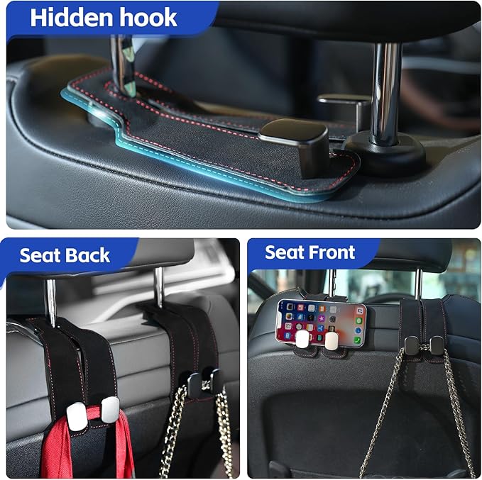 4 Pcs Car Headrest Hooks, Multi-Functional Purse and Bag Holder, Double Hook Seat Organizer for Car, Adjustable Car Storage Hooks for Easy Organization, Durable Car Accessories (Black)