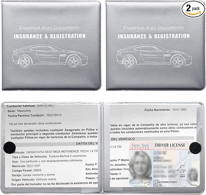 Ziciner Car Registration Insurance Holder, 2Pack Essential Auto Card Document Glove Box Organizer with Touch Fastener, Vehicle Interior Accessories Perfect for Most Car, Truck, SUV (Gray/Big Car)