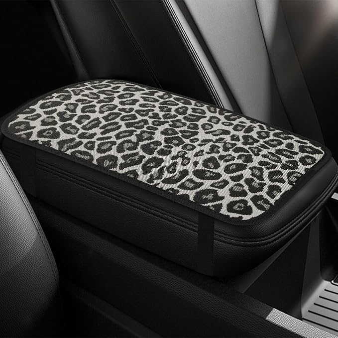 Leopard Cheetah Print African Animal Hunting Auto Center Console Armrest Pad, Car Center Console Cover, Auto Accessories Soft Comfort Armrest Cover Cushion Mat Fit for Most Cars (Black&White)