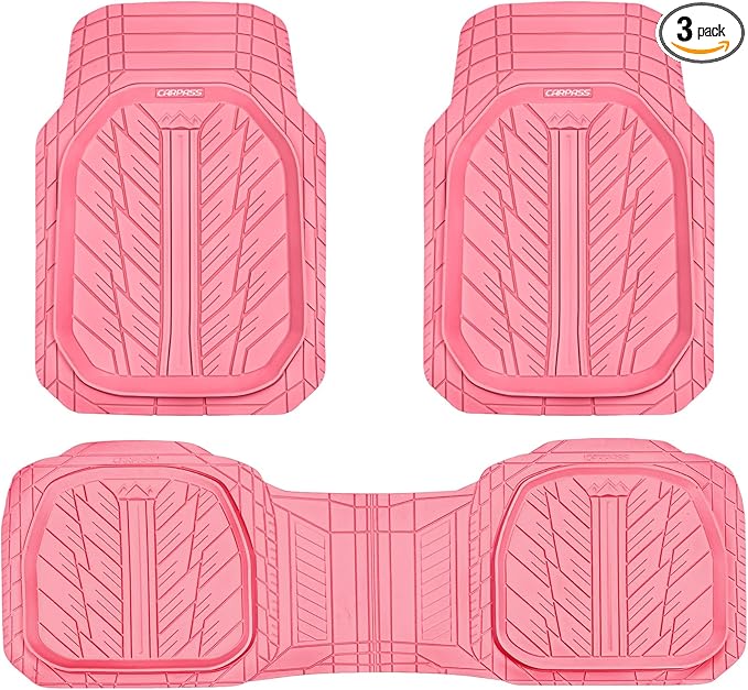 CAR PASS DeepDish Pink Floor Mats for Cars Full Set,Heavy Duty Rubber Car Mats 3-Piece,Universal Waterproof Trim-to Fit Automotive Floor Mats for Truck Van SUV, Durable All-Weather Car Mats (Pink)