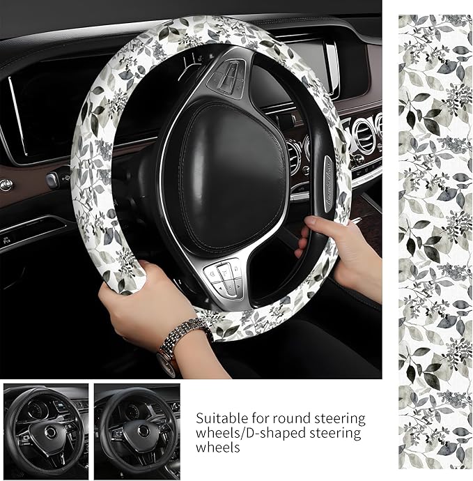 Steering Wheel Covers for Car, Truck, and SUV, Cute Non-Slip Breathable Elastic Steering Wheel, Car Accessories, Universal 15 Inch Leather Cover for Men Women Black White Leaf