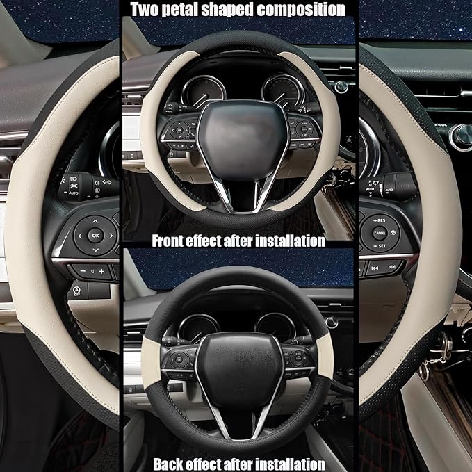 Mihecor Steering Wheel Cover Standard Size Medium 14.5-15 inch, Breathable Microfiber Leather, Anti-Slip, Soft Grip, Universal Fit for Cars SUVs Trucks, Black and Creamy White
