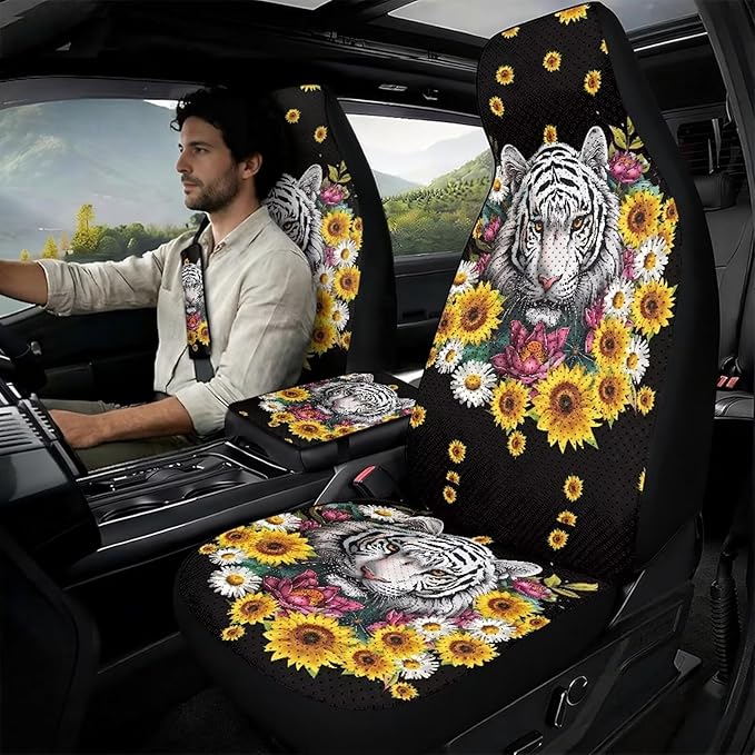 Oramclsy Tiger Heavy Duty Car Seat Covers with Armrest Pad and Sunflower Seat Belt Pads 5 Pack Universal Auto Interior Protector Set Universal Size