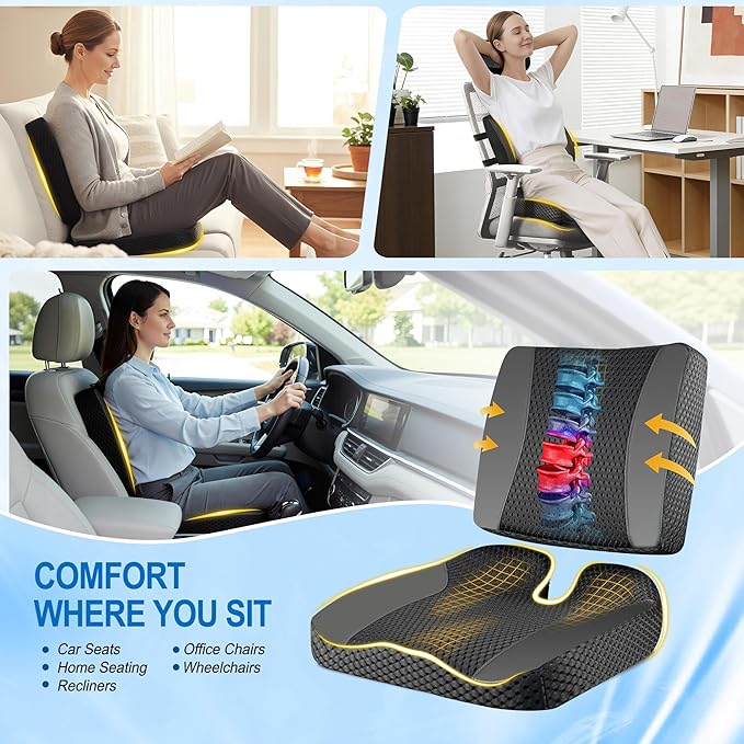 Back Cushions & Seat Cushions: Memory Foam Car Seat Cushion with Lumbar Support Pillow for Long Driving, Office Chair Pillow for Butt and Back Pain Relief, Great for Car, Office, Desk Chair - Black