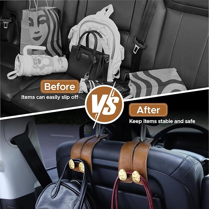 URIZZD 2PCS Leather Car Seat Hooks for Headrest, Vehicle Hanger Storage Organizer Universal for Handbag Purse, Car Accessories Gift (Brown-Gold)