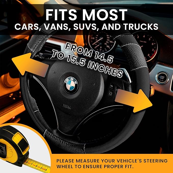 Gorla Gear Black Leather Neoprene Steering Wheel Cover Women Men, Easy Fast Installation, Universal Fit 14.5 15 15.5 Inch, Anti-Slip Safer Grip Car Accessories for Automobile Truck SUV Van