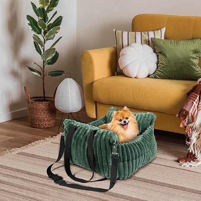 HOMLOVE Dog Car Booster Seat, for Small Dogs Under 30 lbs, Detachable Washable Travel Bed with Storage Pockets and Safety Belt (Green, Medium)