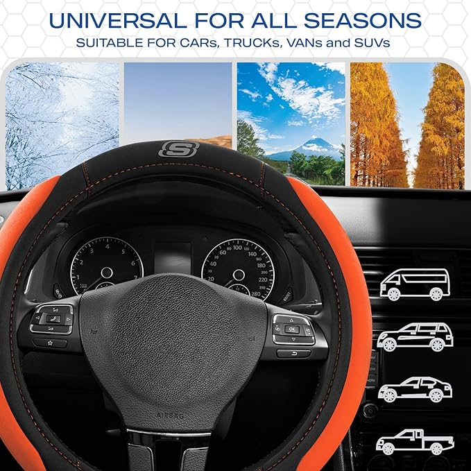 Skechers Steering Wheel Cover, Memory Foam Car Steering Wheel Cover,14.5-15inch Anti-Slip Safety Comfortable Desgin, Universal Accessory for Diverse Cars, Truck,SUV (Black & Orange)