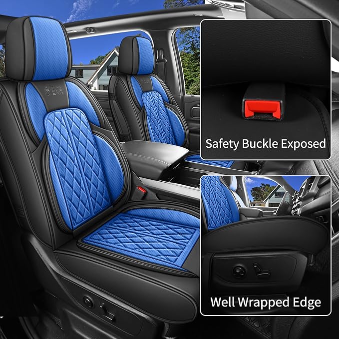DuDuWang Car Seat Covers Custom Fit for Toyota Tacoma 2016-2023 Breathable Waterproof Faux Leather Protective Seat Cover with Pickup Truck (Black & Blue, Front Seat)