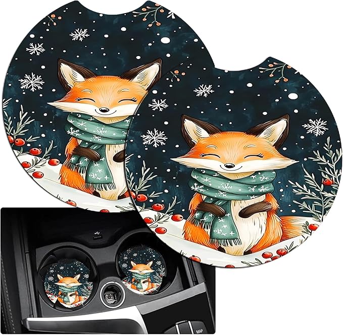 JANENFNA Car Armrest Cover Pads Universal Fashion Cute Auto Center Console Armrest Cover Pad with 2PCS Car Coasters Soft Waterproof Car Armrest Seat Protector for Women,Winter Fox