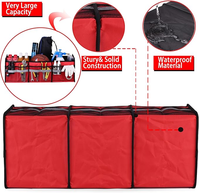 Homeve Large Collapsible Trunk Organizer with Multi Pockets, 3 Compartments Storage Organizer for Car, SUV, Minivan…