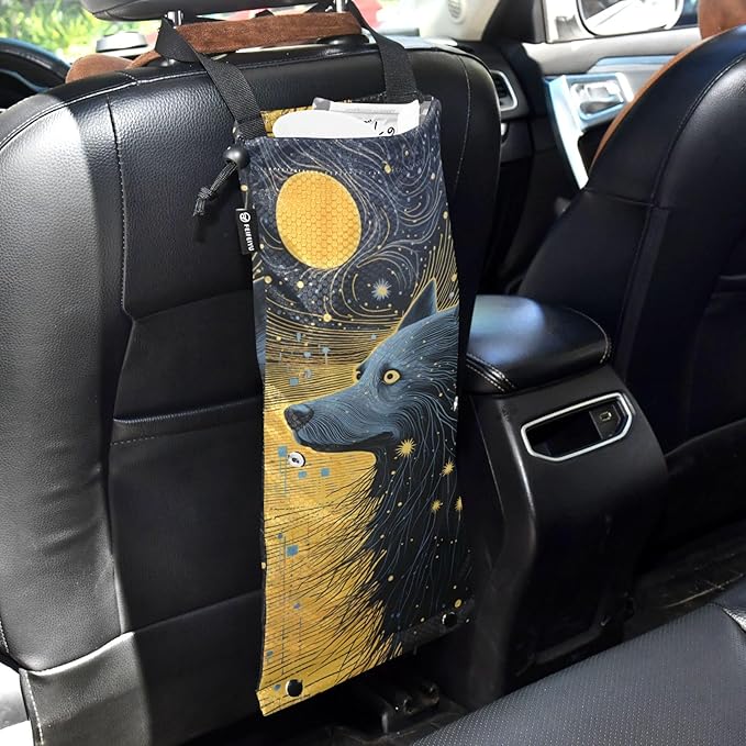 ALAZA Hanging Car Trash Bags Garbage Bag Trash Can for Back Seat Small Wolf 3 Washable Storage Bag Retractable 2 Pack