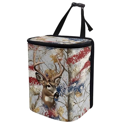 Camo Deer Car Trash Can with Lid US Flag Garbage Can with Adjustable Straps Trash Bin for Car Automotive Interior Accessories Storage Bag