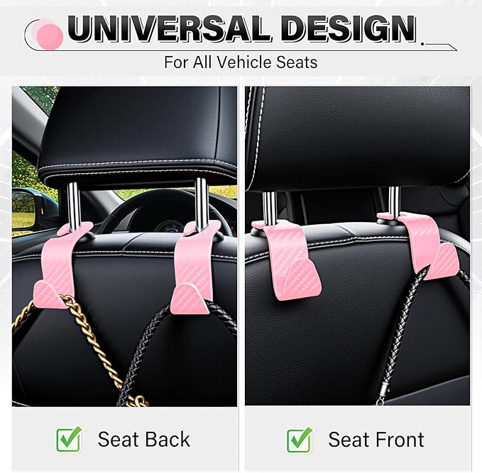 SINGARO Universal 4 Pack Car Seat Headrest Purse Hook, Carbon Fiber Back Seat Hook Storage Organizer Hanger for Purse Handbag Coat, Car Interior Accessories(Pink)