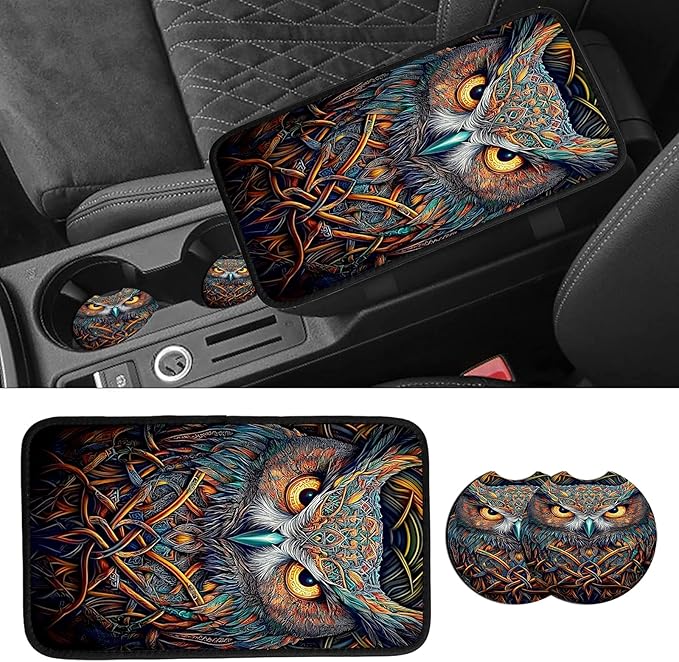 JANENFNA Car Armrest Cover Pads Universal Fashion Cute Auto Center Console Armrest Cover Pad with 2PCS Car Coasters Soft Waterproof Car Armrest Seat Protector for Women,Colorful Owl