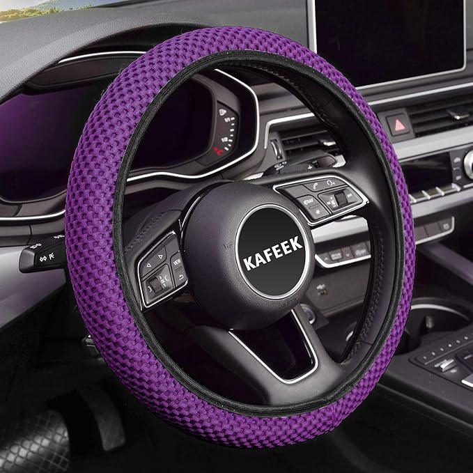 KAFEEK Elastic Stretch Steering Wheel Cover 15 Inch, Breathable Ice Silk Microfiber, Non-Slip Grip, Warm in Winter and Cool in Summer, Odorless, Car Accessories Fit Cars, SUVs, Purple